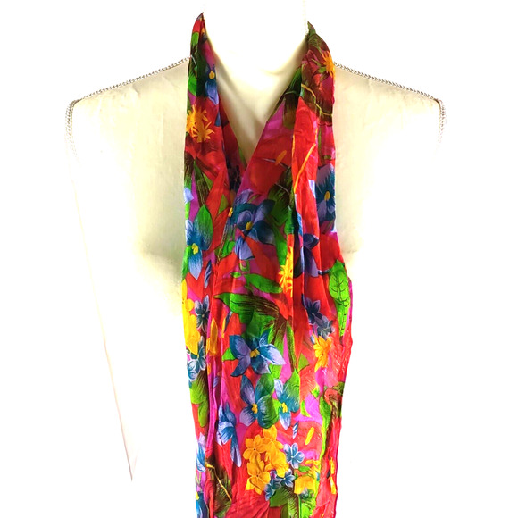 Scarf Rectangle Narrow Thin 66" X 6" Red Yellow Blue Hawaiian Floral - Picture 4 of 8